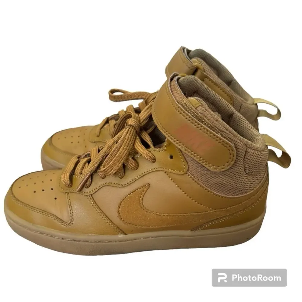 Nike Boys Court Borough Mid 2 Leather Sneakers Athletic Shoes Wheat Lt B…